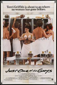 2h512 JUST ONE OF THE GUYS 1sh '85 Joyce Hyser poses as man, wacky locker room image!
