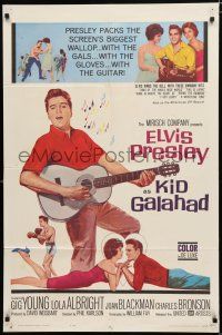 2h514 KID GALAHAD 1sh '62 art of Elvis Presley singing with guitar, boxing & romancing!