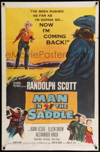 2h608 MAN IN THE SADDLE 1sh R59 cowboy Randolph Scott in western action, Joan Leslie!