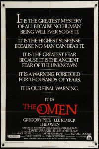 2h687 OMEN style E 1sh '76 Gregory Peck, Lee Remick, Satanic horror, you've been warned!