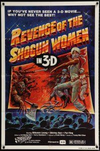 2h740 REVENGE OF THE SHOGUN WOMEN 1sh '82 cool 3-D artwork of female ninjas on theater screen!