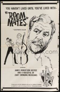 2h750 ROOMMATES 1sh '61 art of James Robertson Justice & sexy girl on bass!