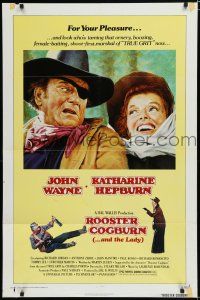 2h751 ROOSTER COGBURN 1sh '75 great art of John Wayne & Katharine Hepburn!