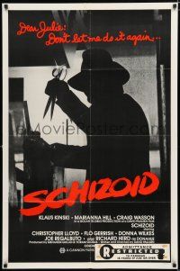 2h765 SCHIZOID 1sh '80 cool silhouette of crazed madman Klaus Kinski attacking with scissors!