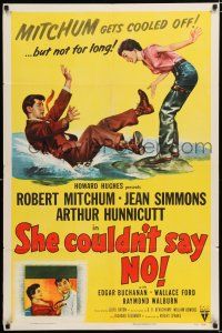 2h783 SHE COULDN'T SAY NO style A 1sh '54 sexy short-haired Jean Simmons, Dr. Robert Mitchum!