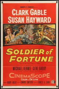 2h812 SOLDIER OF FORTUNE 1sh '55 art of Clark Gable shooting gun, plus sexy Susan Hayward!