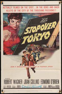 2h847 STOPOVER TOKYO 1sh '57 artwork of sexy Joan Collins & spy Robert Wagner in Japan!