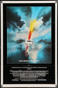 2h864 SUPERMAN 1sh '78 comic book hero Christopher Reeve, cool Bob Peak logo art!