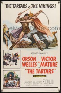 2h876 TARTARS 1sh '61 great artwork of Victor Mature battling Orson Welles!