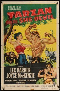 2h877 TARZAN & THE SHE-DEVIL 1sh '53 sexy Joyce MacKenzie swings whip at barechested Lex Barker!