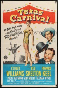 2h881 TEXAS CARNIVAL 1sh '51 Red Skelton, art of sexy Esther Williams in skimpy outfit at fair!