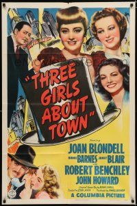 2h899 THREE GIRLS ABOUT TOWN 1sh '41 smiling Joan Blondell, Binnie Barnes & Janet Blair!