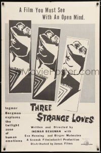2h902 THREE STRANGE LOVES 1sh R61 Ingmar Bergman's Torst, Eva Henning, great silhouette art!