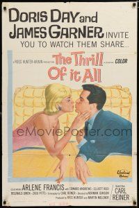 2h903 THRILL OF IT ALL 1sh '63 wonderful artwork of Doris Day kissing James Garner!