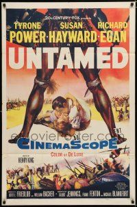 2h946 UNTAMED 1sh '55 cool art of Tyrone Power & Susan Hayward in Africa with native tribe!