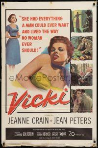 2h954 VICKI 1sh '53 if men want to look at sexy bad girl Jean Peters, she'll make them pay for it!