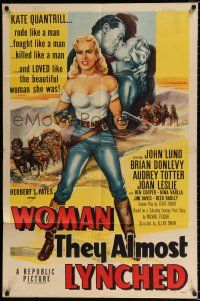 2h982 WOMAN THEY ALMOST LYNCHED 1sh '53 great art of super sexy female gunfighter Audrey Totter!
