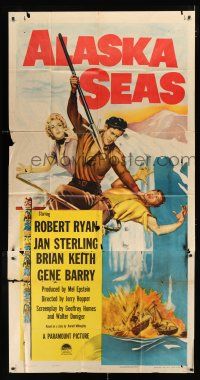 2j623 ALASKA SEAS 3sh '54 cool art of Robert Ryan attacking man with harpoon, Jan Sterling!