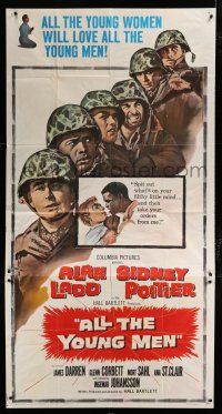 2j624 ALL THE YOUNG MEN 3sh '60 Alan Ladd & Sidney Poitier deal with race relations in Korean War!