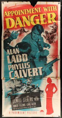 2j629 APPOINTMENT WITH DANGER 3sh '51 tough Alan Ladd beating up guy, Phyllis Calvert, film noir!