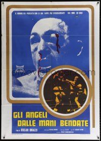 2p140 ANGELS WITH BOUND HANDS Italian 1p '75 cool c/u image of bloodied boxer + fighting in ring!
