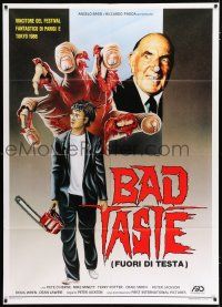 2p142 BAD TASTE Italian 1p '89 Peter Jackson, Maxy art of gruesome hand grabbing boy w/chainsaw!
