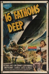 2t013 16 FATHOMS DEEP 1sh '48 Lon Chaney Jr, great dramatic art of deep sea diver vs killer shark!