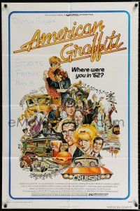 2t038 AMERICAN GRAFFITI 1sh '73 George Lucas teen classic, wacky Mort Drucker artwork of cast!