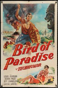 2t088 BIRD OF PARADISE 1sh '51 art of barechested Louis Jourdan & tropical sexy Debra Paget!