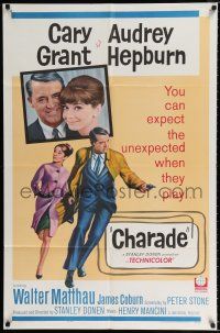 2t006 CHARADE 1sh '63 art of tough Cary Grant & sexy Audrey Hepburn, expect the unexpected!