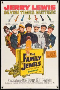 2t241 FAMILY JEWELS 1sh '65 Jerry Lewis is seven times nuttier in seven roles, wacky art!