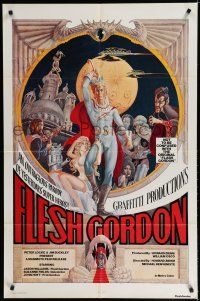 2t258 FLESH GORDON 1sh '74 sexy sci-fi spoof, wacky erotic super hero art by George Barr!