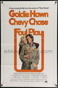 2t268 FOUL PLAY 1sh '78 wacky Lettick art of Goldie Hawn & Chevy Chase, screwball comedy!