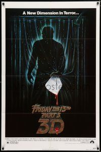 2t278 FRIDAY THE 13th PART 3 - 3D 1sh '82 slasher sequel, art of Jason stabbing through shower!