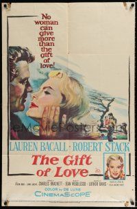 2t294 GIFT OF LOVE 1sh '58 great romantic close up art of Lauren Bacall & Robert Stack!