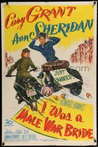 2t373 I WAS A MALE WAR BRIDE 1sh '49 cross-dresser Cary Grant & Ann Sheridan on motorcycle, Hawks