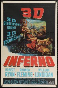 2t384 INFERNO 1sh '53 3-D image of William Lundigan & Rhonda Fleming embracing over audience!