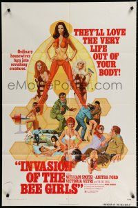 2t390 INVASION OF THE BEE GIRLS 1sh '73 cool artwork of sexy girls in action, wacky sci-fi!