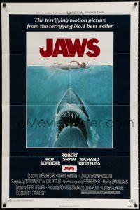 2t401 JAWS int'l 1sh '75 Roger Kastel art of Spielberg's classic man-eating shark attacking swimmer!