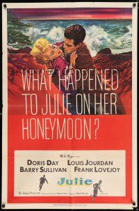 2t411 JULIE 1sh '56 what happened to Doris Day on her honeymoon with Louis Jourdan?