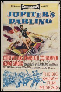 2t414 JUPITER'S DARLING 1sh '55 great art of sexy Esther Williams & Howard Keel on chariot!