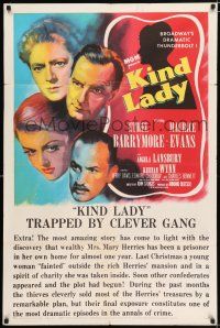 2t423 KIND LADY 1sh '51 John Sturges, Ethel Barrymore, Angela Lansbury, art of top cast!