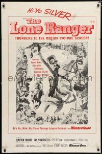 2t480 LONE RANGER military 1sh '56 cool art of Clayton Moore & Silver leaping out of the poster!