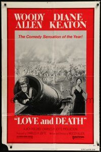 2t492 LOVE & DEATH style C 1sh '75 Diane Keaton about to fire Woody Allen out of a cannon!