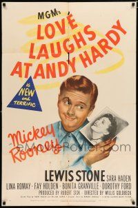 2t494 LOVE LAUGHS AT ANDY HARDY 1sh '47 wonderful artwork of Mickey Rooney with sexy girl!