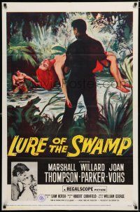 2t497 LURE OF THE SWAMP 1sh '57 two men & a super sexy woman find their destination is Hell!