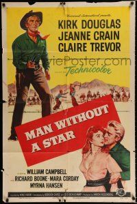 2t522 MAN WITHOUT A STAR 1sh '55 art of cowboy Kirk Douglas pointing gun, Jeanne Crain