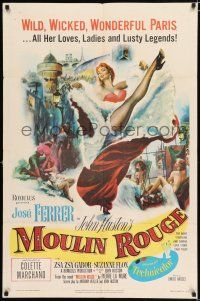 2t575 MOULIN ROUGE 1sh '53 Jose Ferrer as Toulouse-Lautrec, art of sexy French dancer kicking leg!