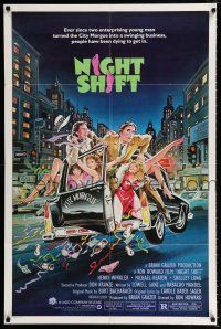 2t608 NIGHT SHIFT 1sh '82 Michael Keaton, Henry Winkler, sexy girls in hearse art by Mike Hobson!
