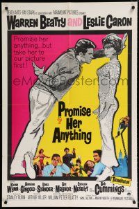 2t692 PROMISE HER ANYTHING 1sh '66 art of Warren Beatty w/fingers crossed & pretty Leslie Caron!